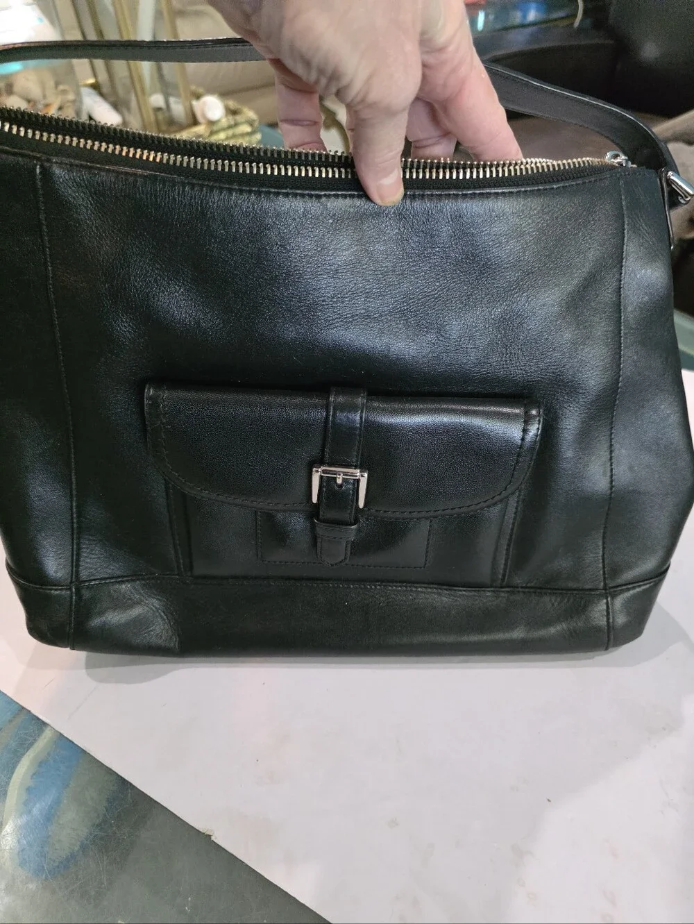 Men’s Black Leather Buckle-Front Messenger Bag